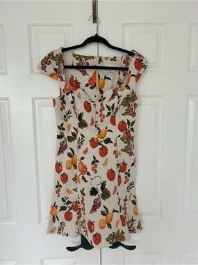 Anthropologie Cream Fruit-Print Cap-Sleeve Dress